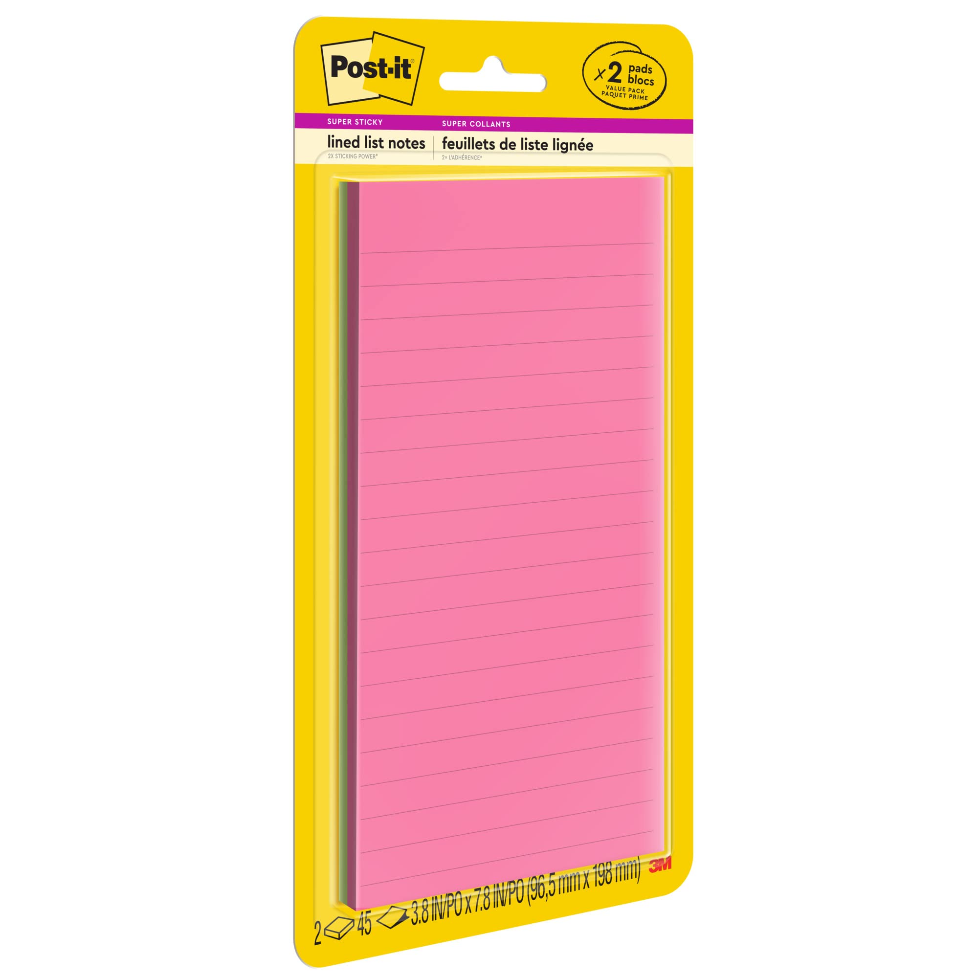 Post-it Super Sticky Notes, 3 in. x 8 in., Energy Boost Collection β 2 Pads/Pack, 45 Sheets/Pad β Lined, Recyclable, Assorted Colors