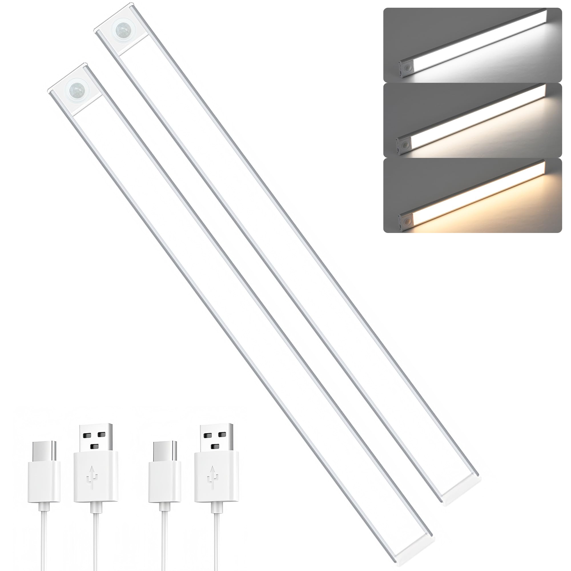 2erSet 60CM LED dimmbare Unterbauleuchte Küche Lampe 4400mAh | aufladbar Schrankbeleuchtung mit Bewegungsmelder 3 Lichtwärme magnetische Lichtleiste für Küchenschrank Kleiderschrank Bad