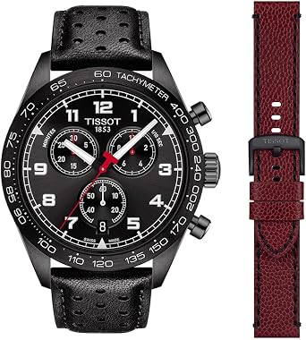 Tissot mens Tissot PRS 516 Chronograph 316L stainless steel case with black PVD coating Quartz Watch Set, Black, Leather, 22 T1316173605200
