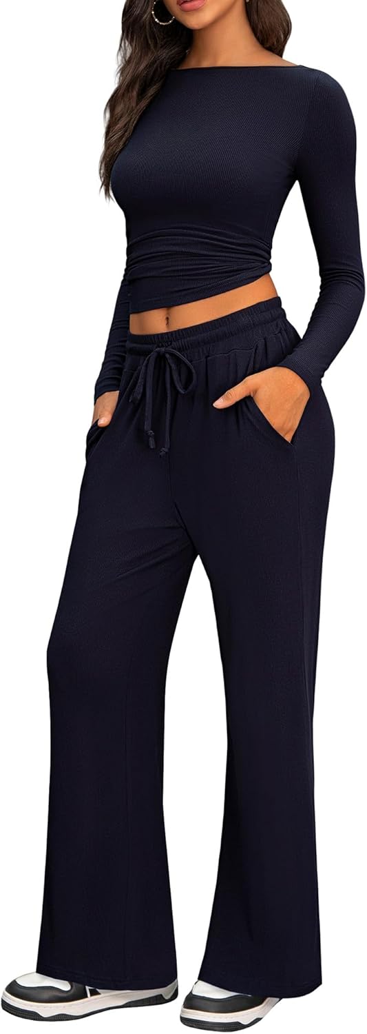 Cozy 2 Piece Lounge Sets for Women, Side Ruched Long Sleeve Top & Wide Leg Pants Casual Matching Tracksuit for Home & Travel - Image 4