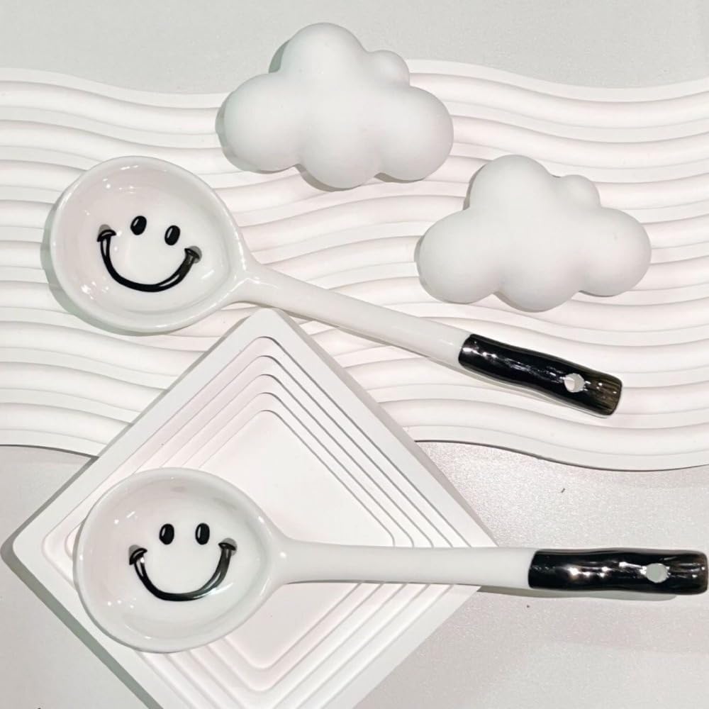 (8 Pieces) Ceramic Spoon Cute Small 6.5-inch Household Eating Rice Long-Handled Dessert Coffee Soup (Smiley face)