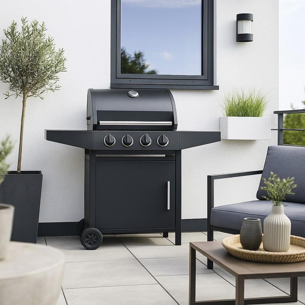 Barbecue a Gas Montana Ambra Garden 3 Fuochi + 1 Fornello Laterale Grigia Acciaio Smaltato 13,3 kW Butano/Propano