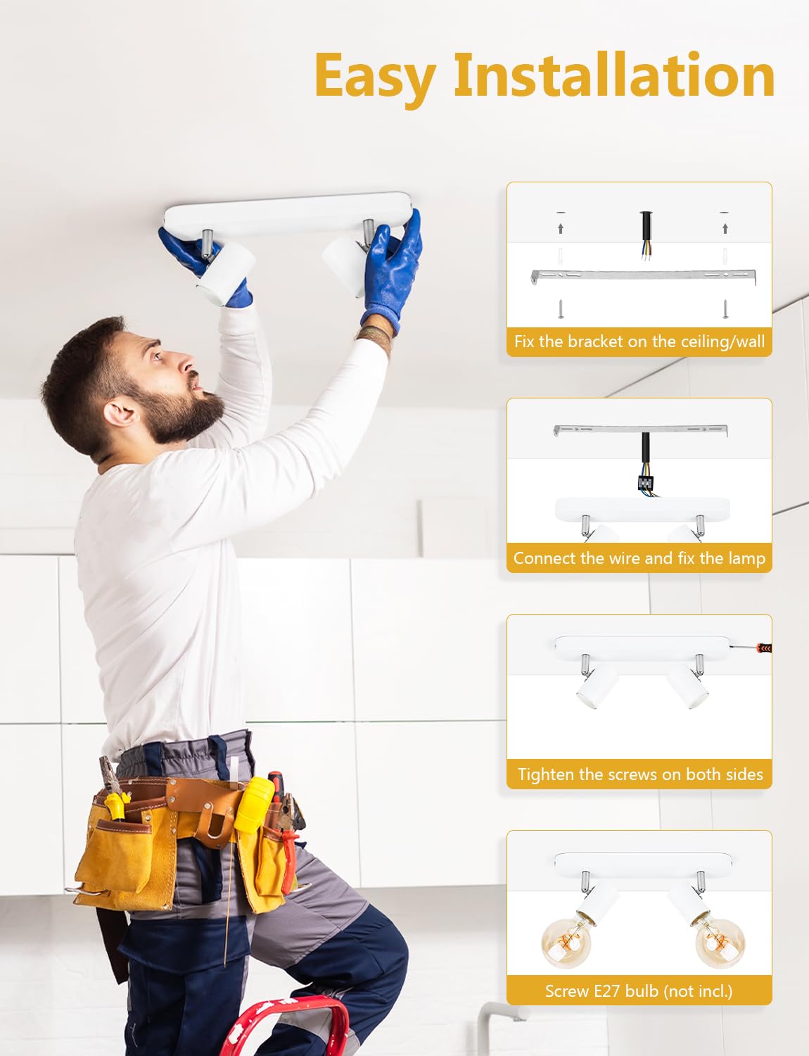 KYOTECH Lampada da soffitto Orientabili, con 2 faretti soffitto, adatta per 2 lampadine E27 non incluse max 60W, plafoniera per cucina, lampadario stile industriale (bianco,alluminio)