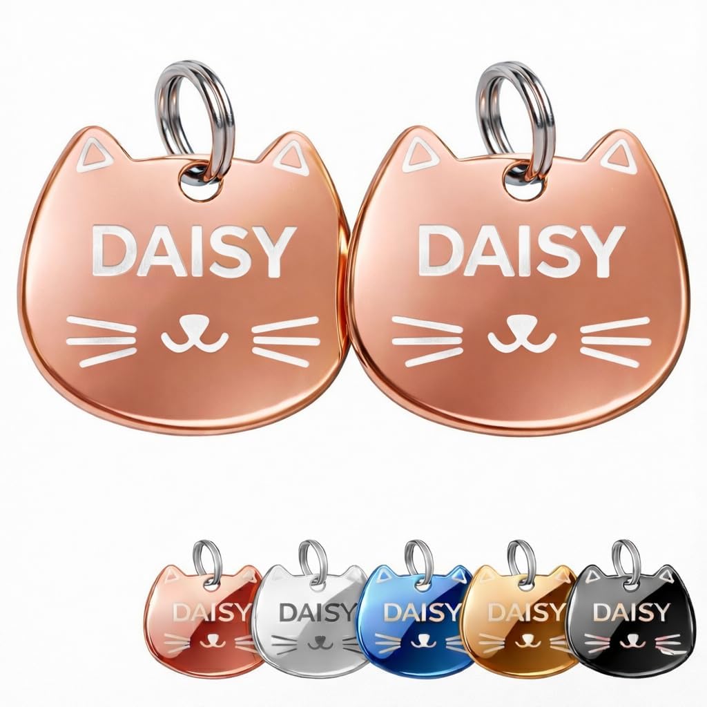 2-Pack Personalised Cat Face ID Tags, Custom Engraved Stainless Steel Cat Name Tags with Phone Number, Front & Back Engraving, Cat-Shaped Tags for Cats and Kittens (Rose Gold)