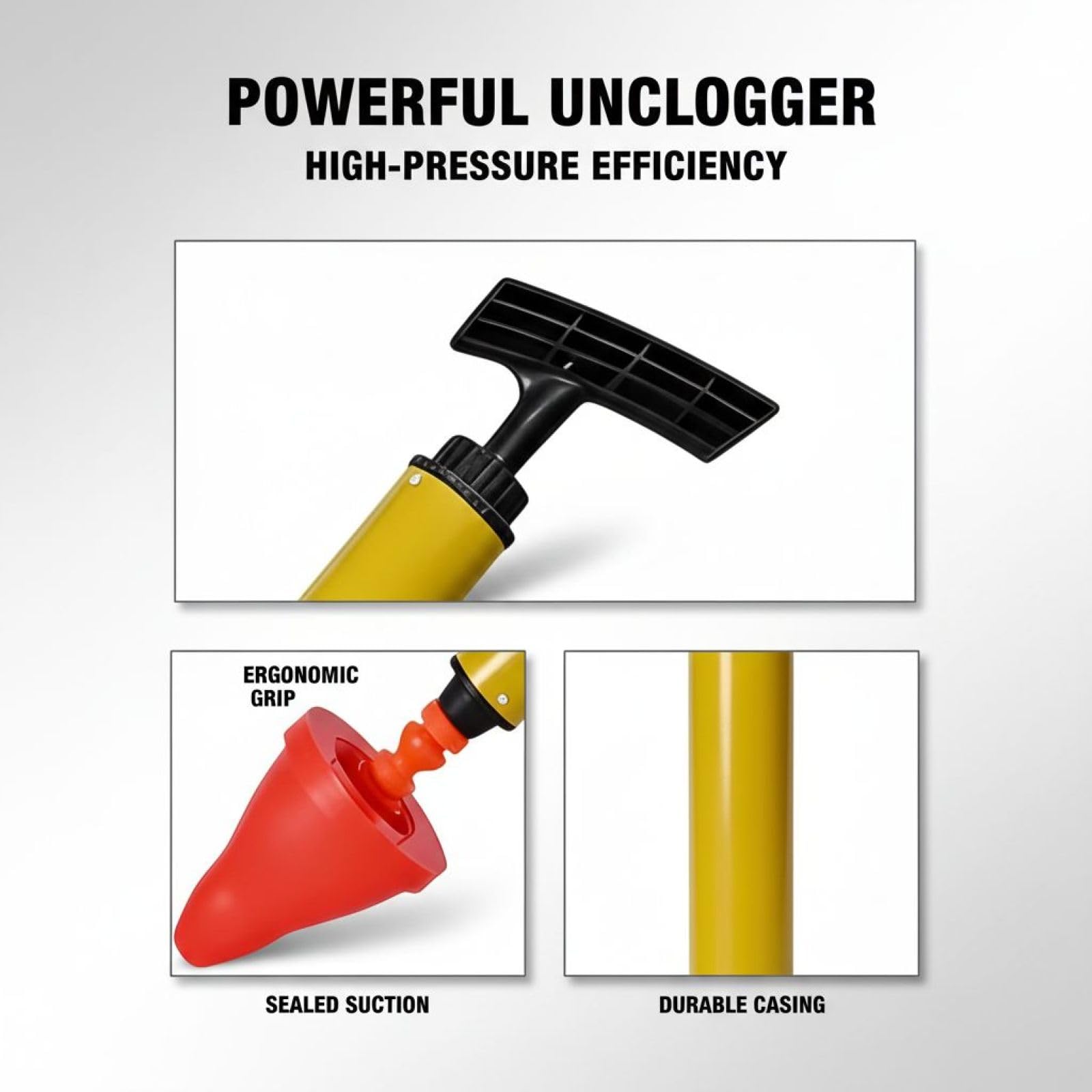 Desatascador de inodoro de alta presión, draga de tuberías de 24.4 x 3.9 pulgadas, desatascador de drenaje de aire para bañera, inodoro y fregadero, herramienta para eliminar obstrucciones, amarillo y