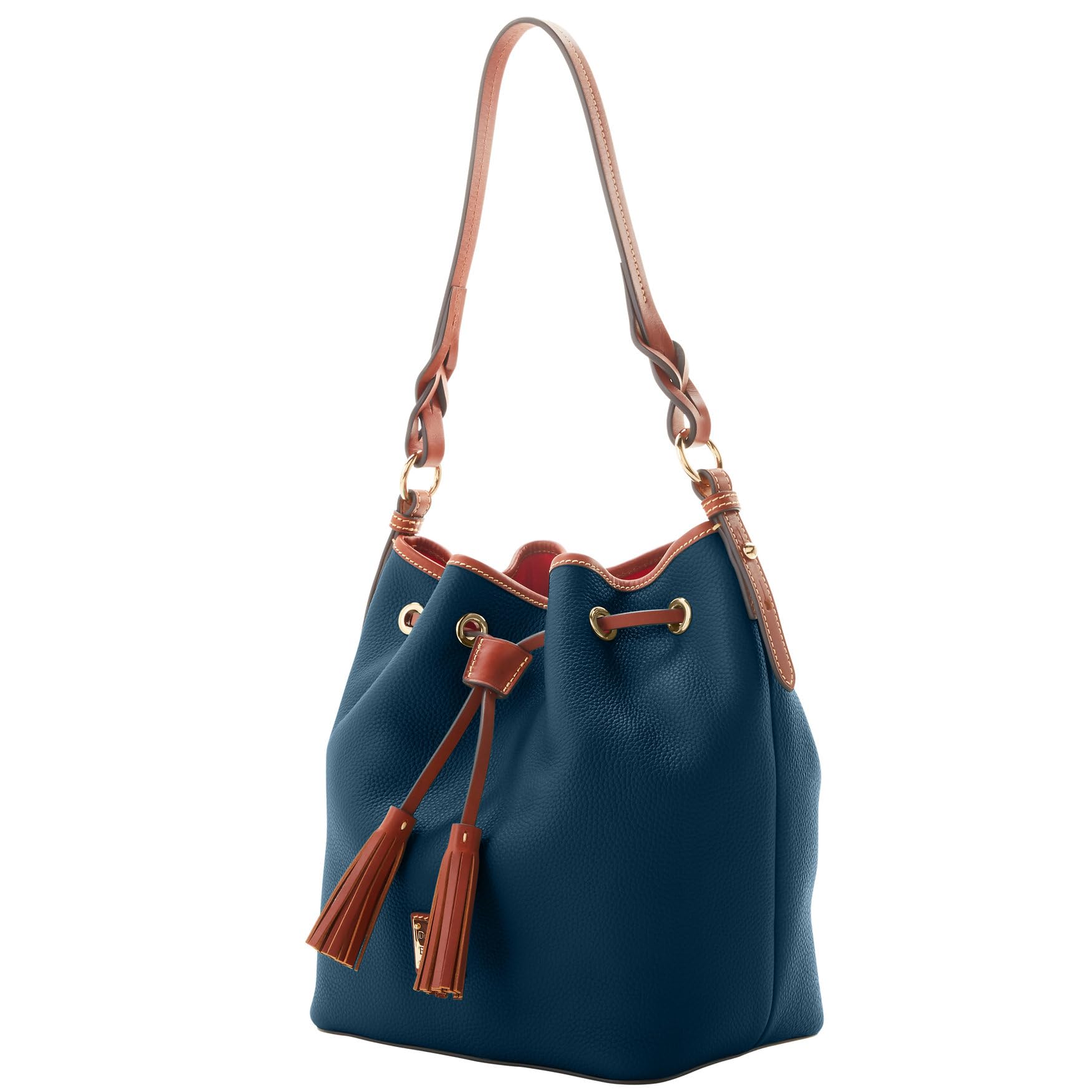 Dooney & Bourke Bucket Bags for Women, Pebble Grain Tasha Large Leather Shoulder Bag with Drawstring Cinch Closure - Blue