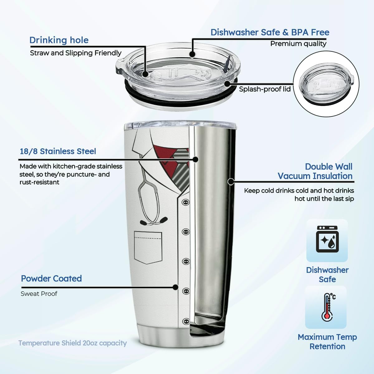 wowcugi Doctor Tumbler 20oz Stainless Steel Insulated Tumblers Cup Travel Mug Doctor's Day Gift For Med Student, Doctor Graduation, Birthday Appreciation - Image 2