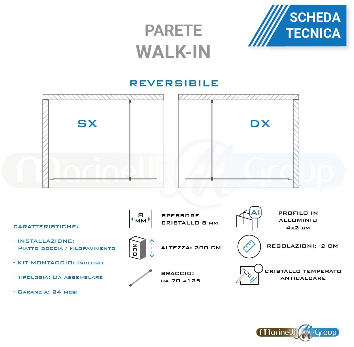 Parete Doccia WALK IN vetro SPECCHIO 8mm H 200 cm anticalcare reversibile (100 cm)
