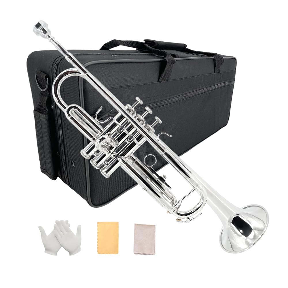 Yinfente Bb Tromba standard per adulti, set per principianti con astuccio, bocchino per tromba, set di pulizia, guanti bianchi, strumenti in ottone (argento)