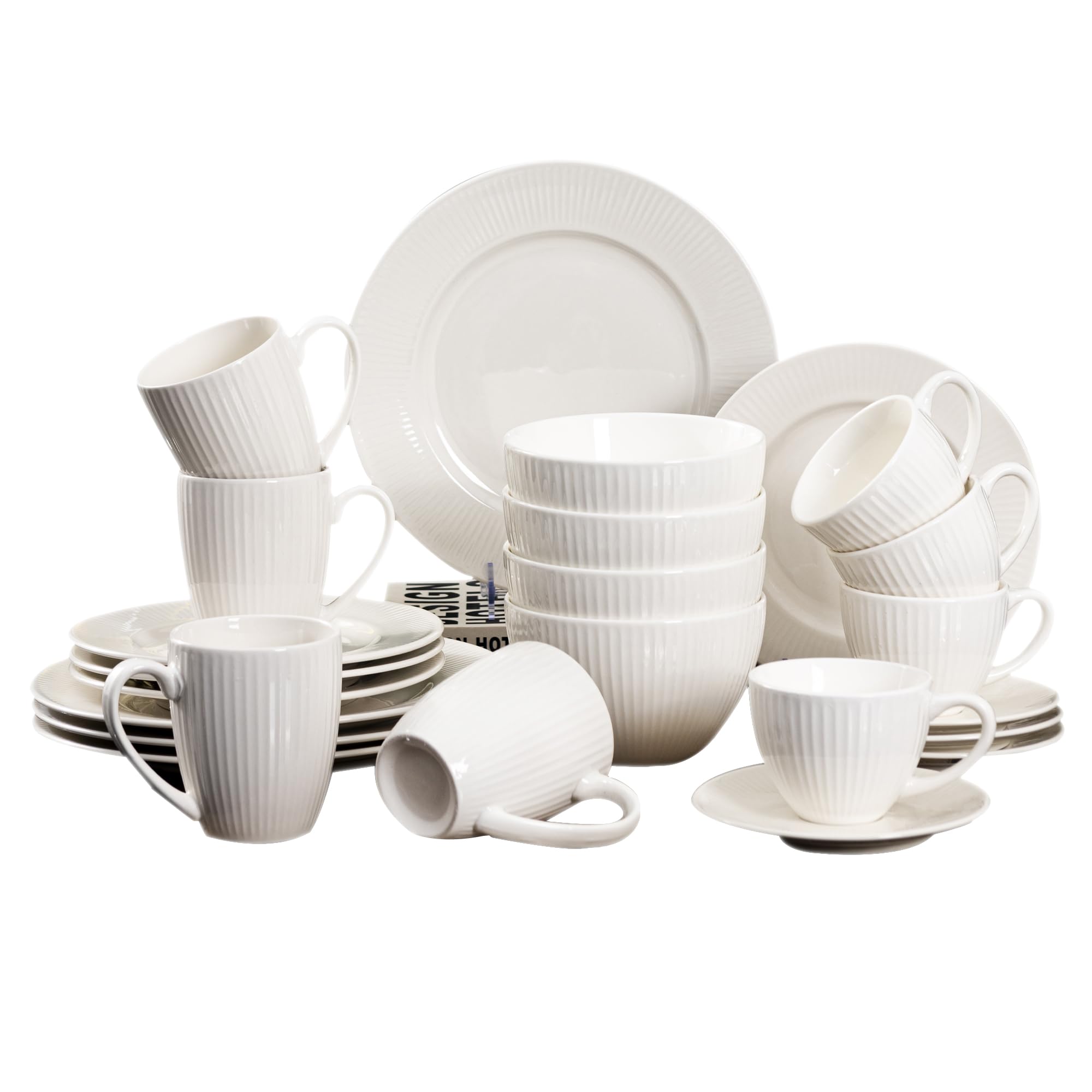 24-Piece Vertical Stripe Ceramic Dinnerware Set - Elegant Porcelain Plates, Bowls, and Cups - Dishwasher & Microwave Safe - Perfect for Family Meals & Special Occasions