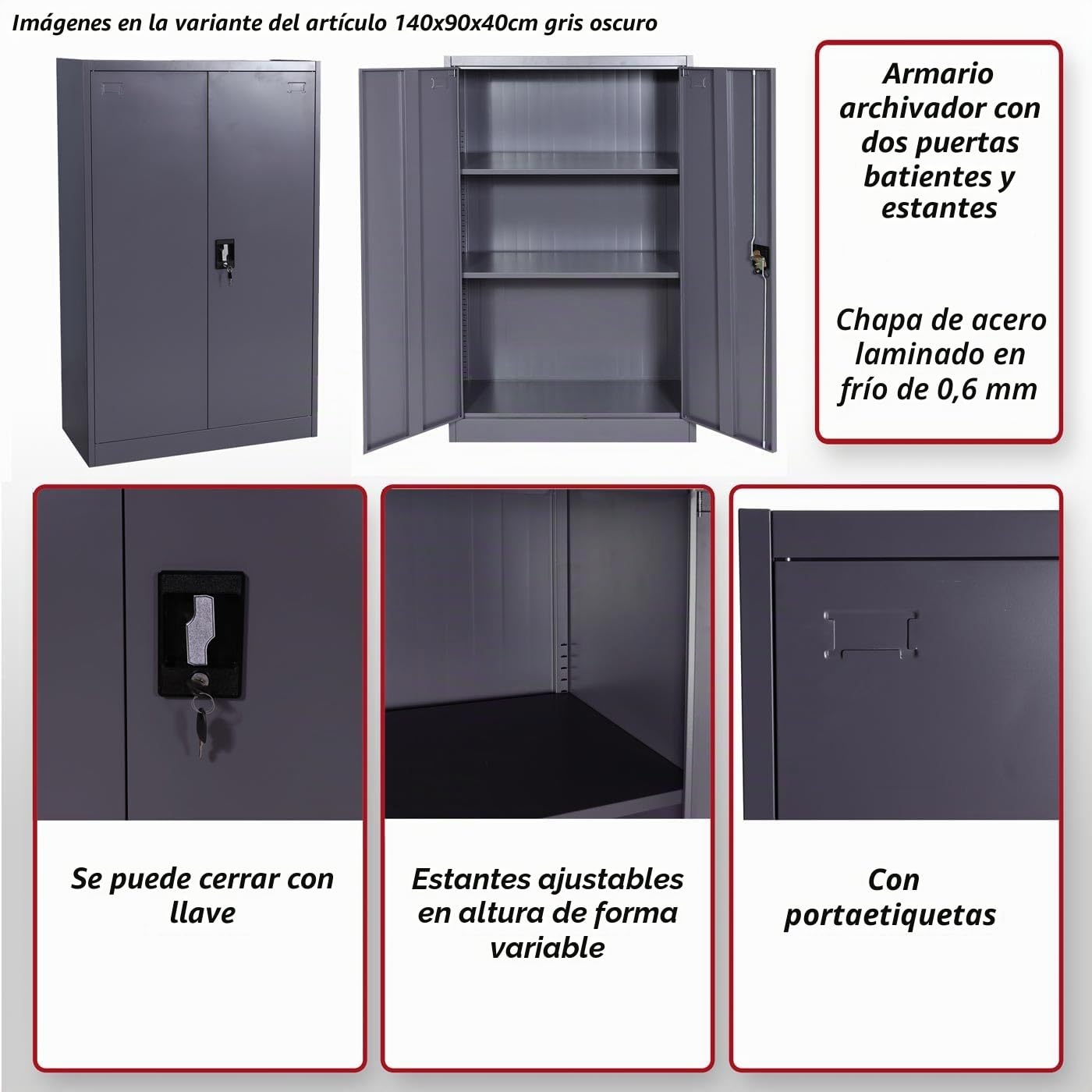 Mendler Armario de oficina archivador HWC-H17, 2 puertas, 3 estantes, acero, 40 x 90 x 140 cm, gris