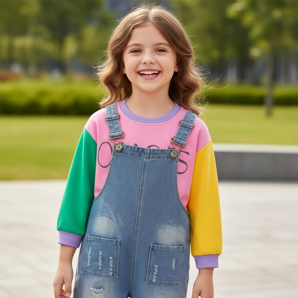Peacolate 5-12 Years Girls' Denim Overall Set Long Sleeve T-Shirt & Jean Bib Overalls Stylish 2pcs Outfit for Kids Teens - Image 6