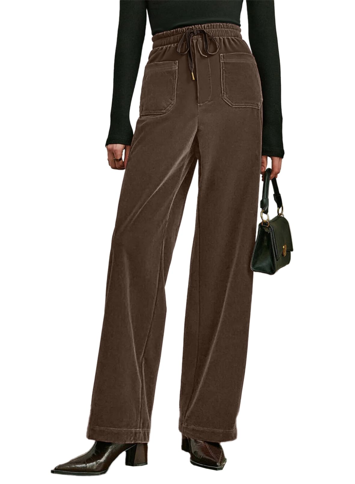Acelitt Womens Velvet Pants Casual Elastic Waist Straight Leg Stretchy Loose Long Pant with Pockets Fall Outfits for