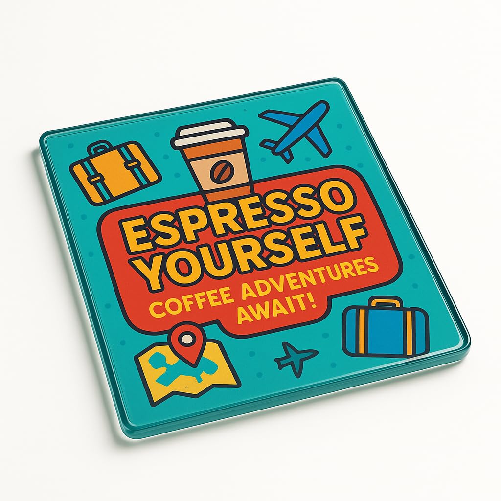 The Plum Penguin Brewed Journeys Acrylic Coaster Gift Featuring Humorous Travel & Coffee Design - Desk Accessory For Coffee Lovers