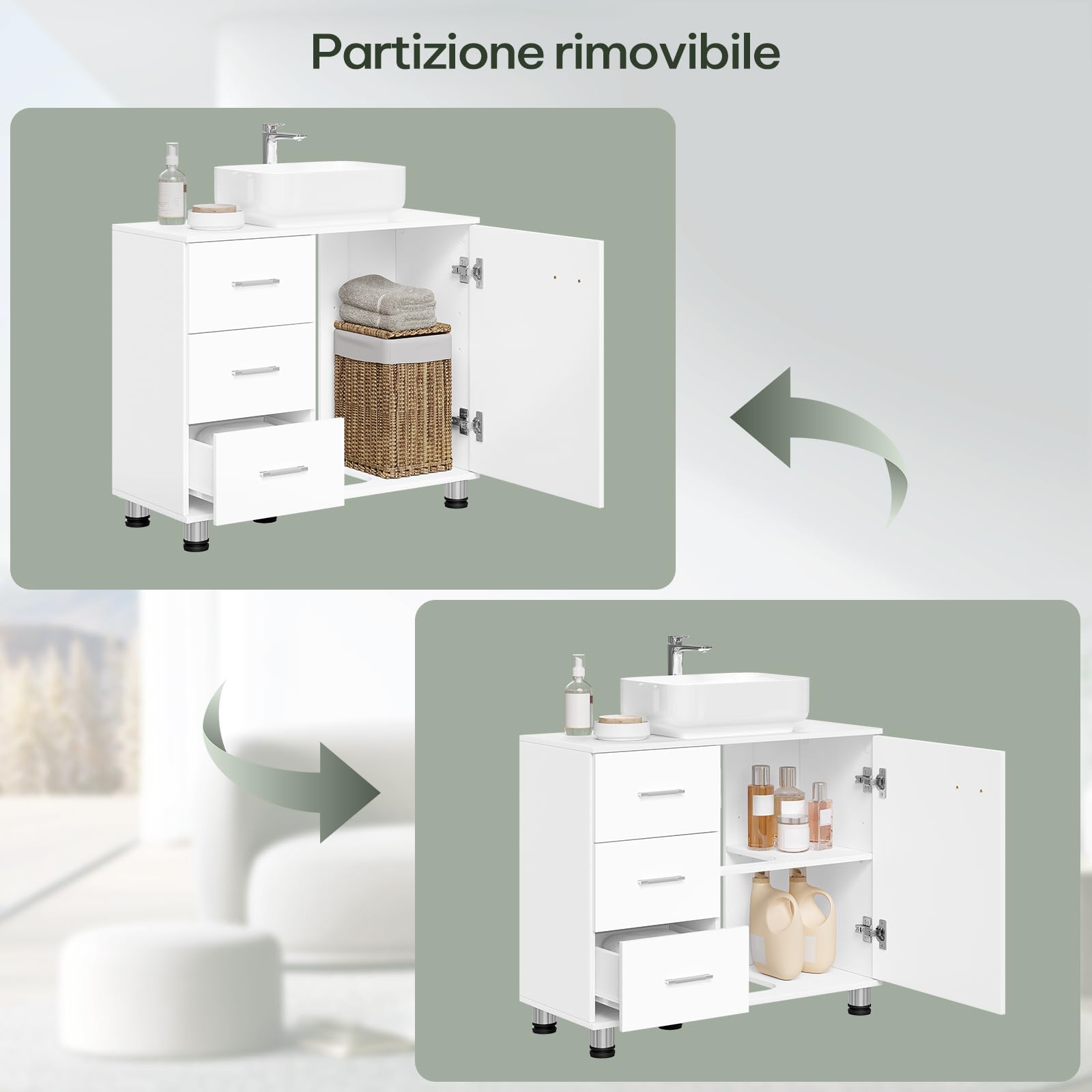 EUGAD Mobiletto Sotto Lavabo con Ripiano Regolabile, Mobile da Bagno Freestanding con Anta a Cassetto, 70x60x30 cm, Mobiletto da Bagno Bianco