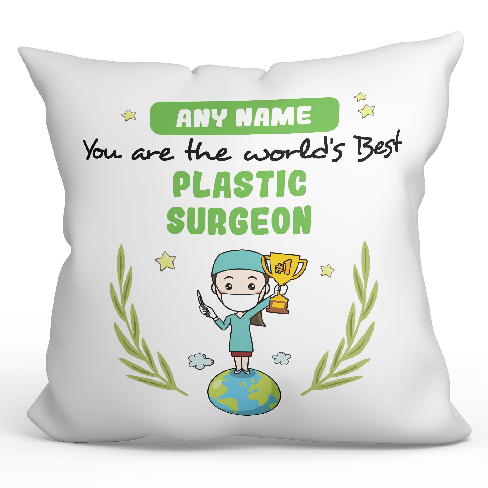 MUGFFINS Personalised Cushion for PLASTIC SURGEON woman Padding included - in English - You are World's Best - Funny custom gift - Pillow: cover and filling 15.7x15.7 inches โ image 1
