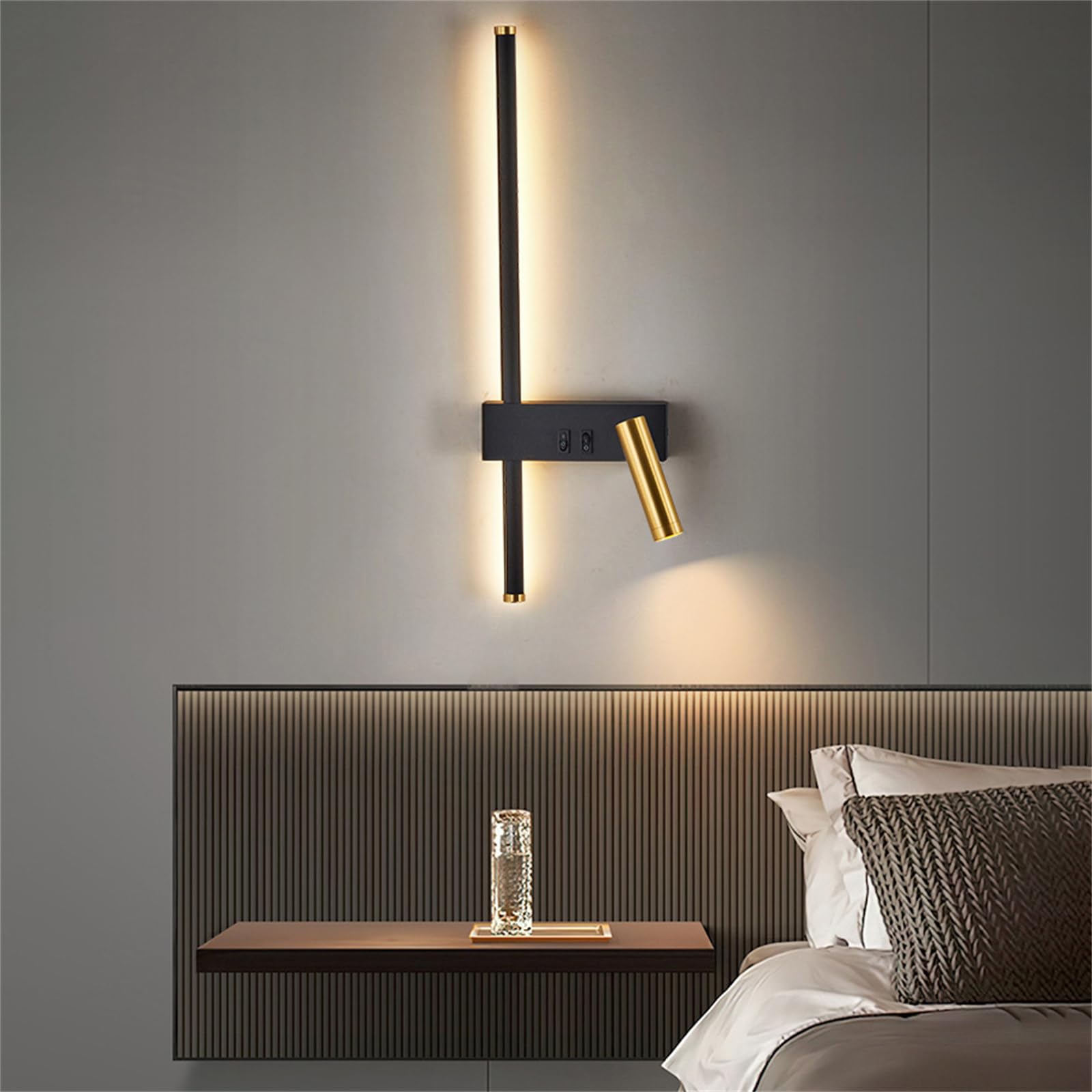 LED Wandleuchte Schwarz 350° Drehbar Wandleuchten Innen Modern mit Zwei Unabhängige Schalter Wandlampe Metall Wohnzimmer Leselampe Wandbeleuchtung für Schlafzimmer Dekorative (Warmes Licht,Links)