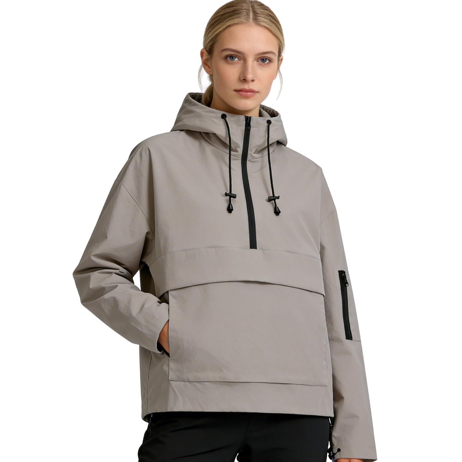 PUFFIT Damen Wasserdichte Regenjacke mit Kapuze, Oversized Leicht Atmungsaktive Windbreaker Jacke, Kapuzenpullover für Frauen Fahrrad Sport Outdoorjacke