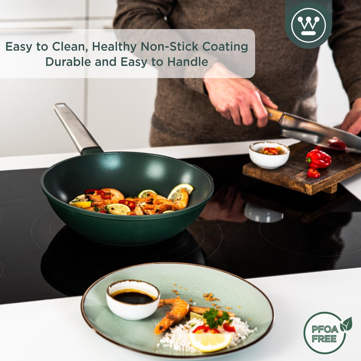 Westinghouse PERFORMANCE SERIES Wok Pfanne mit Deckel, Beschichtete Pfanne 28 cm mit Edelstahl-Griff, Bratpfanne Induktion, Für jeden Herd, Non Stick Pan, Ofenfest & Spülmaschinenfest, Grün