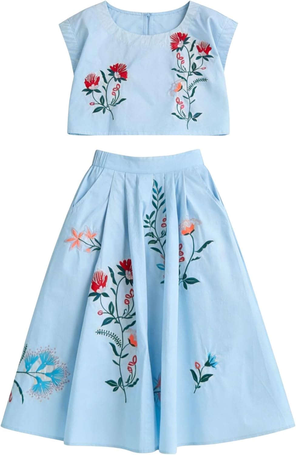 Women Floral Embroidery Dress Sleeveless 2 Piece Tank Top and Skirt Loose Fit Boho Dress