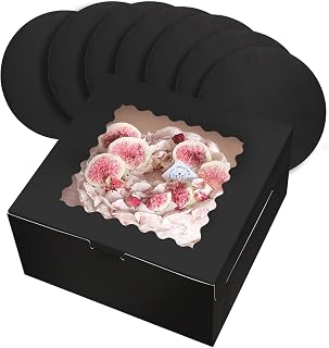 qiqee 10x10x5 Cake Box, 18 Sets Black Cake Box with Window & 18 Sets 10" Black Cake Round Boards, 10inch Cake Containers