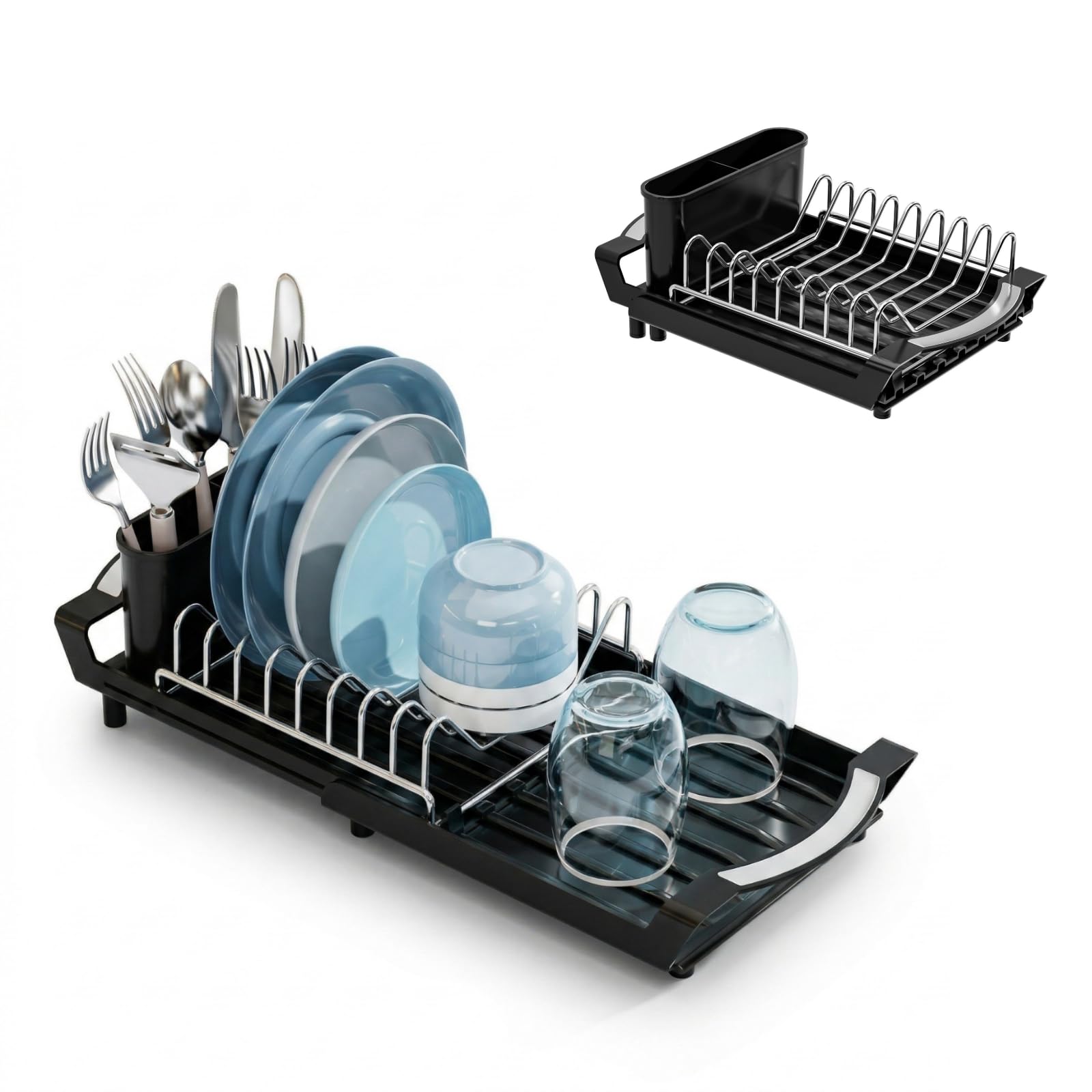 ZEEZONE Dish Drainer Rack, Extendable Carbon Steel Dish Drying Rack, Black