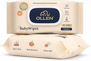 OLLEN Pure water Unscented Baby Wipes with lid- Safe, 100% Plant Made Fabric, Cotton Cloth Like Super thick, Dermatologica... Price In India