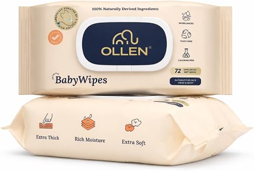 OLLEN Pure water Unscented Baby Wipes with lid- Safe, 100% Plant Made Fabric, Cotton Cloth Like Super thick, Dermatologica...