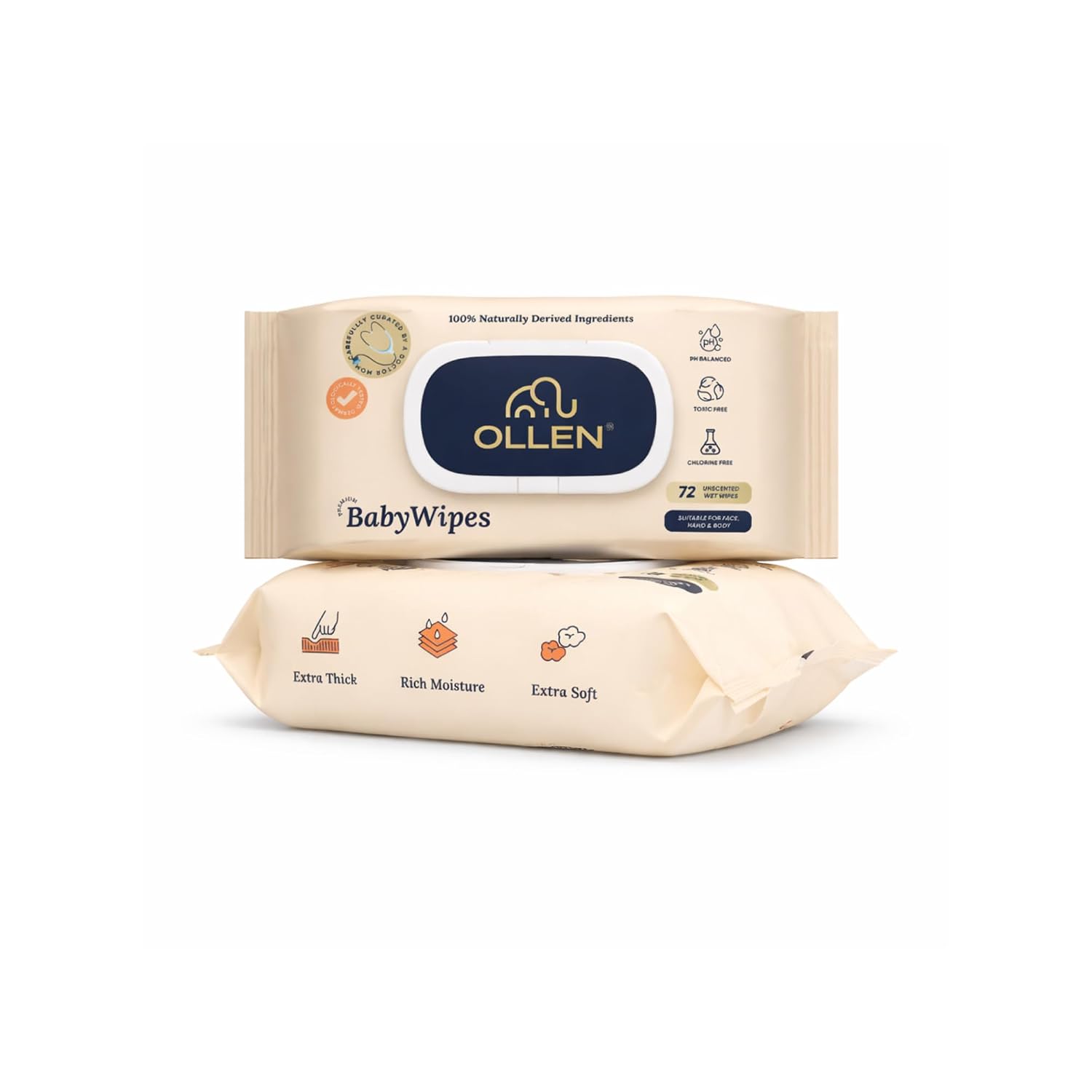 OLLEN Pure water Unscented Baby Wipes with lid- Safe, 100% Plant Made Fabric, Cotton Cloth Like Super thick, Dermatologically Tested- Natural Wet Wipes with Aloe vera & Chamomile (Pack of 2)