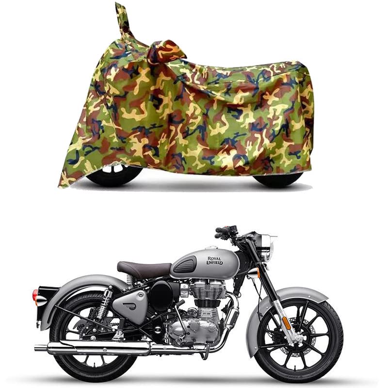 Image of Waterproof 100% PVC Coated Bike Scooty Two Wheeler Body Cover Compatible For Royal Enfie Bullet 350 BS6 /UV-Rays /Heat Protection /Birds Dropping /Scratchproof /Dust proof /All [6X6 Jungle Print]