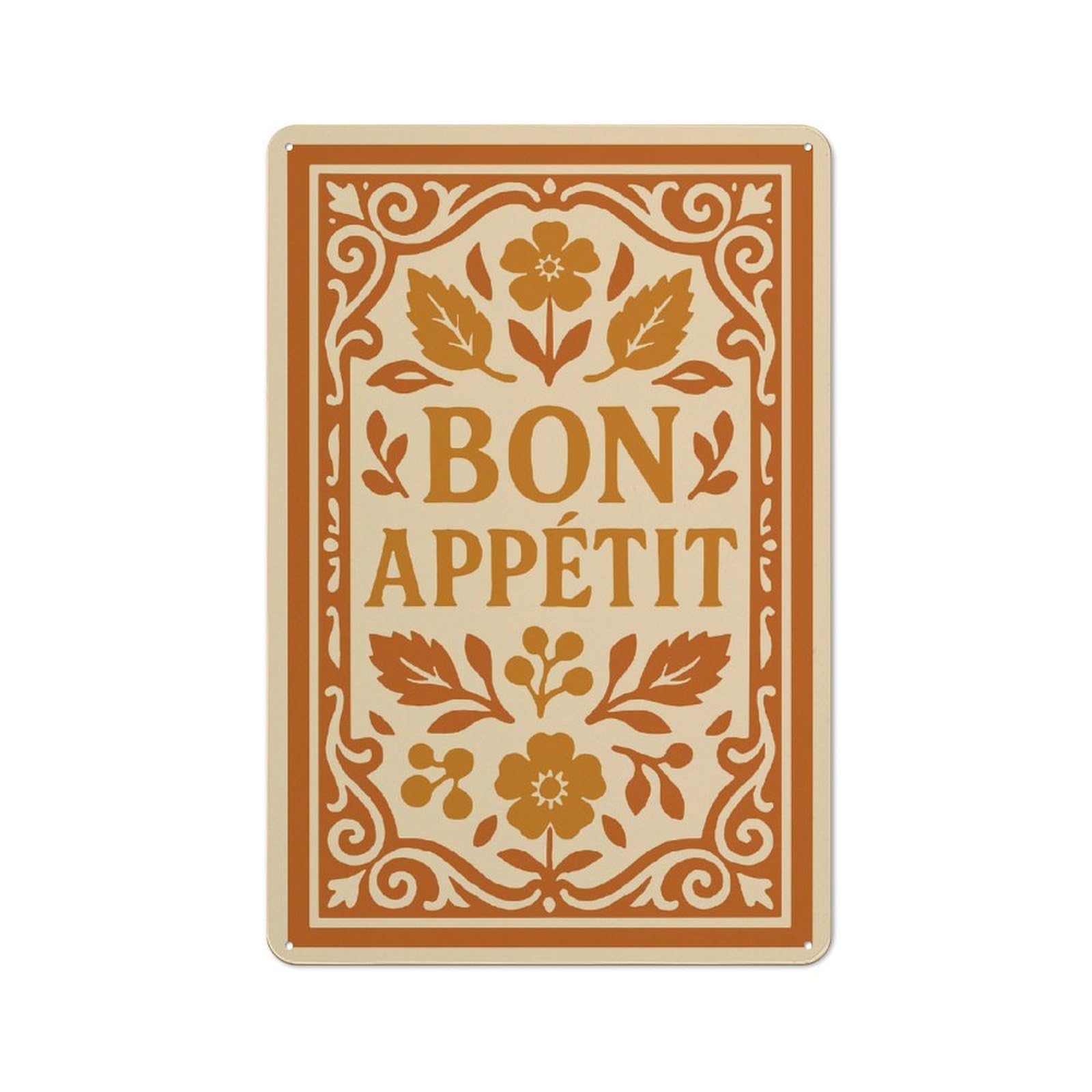 Junmoney Style-15 Tin Sign 30X20cm With Bon Appétit Floral Art For Garage Wall, Rustic Decor, For Kitchen, Dining Room And Home Bar Wall Decor