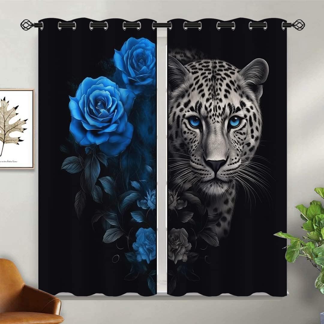 Leopard Blackout Curtains for Girls Boy Home Decor, Blue Rose Flower 3D Cheetah Animal Safari Grommet Thermal Insulated Drapes Darkening Window Curtain for Bedroom Living Room, 42 x 45 Inch