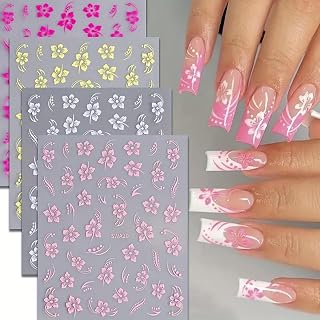 Flower Nail Stickers Pink Daisy Nail Art Stickers Floral Nail Decals DIY Self Adhesive 3D White Yellow Pink Flower Design Summer Nail Decoration for Women Supplies Manicure Accessories 4Pcs