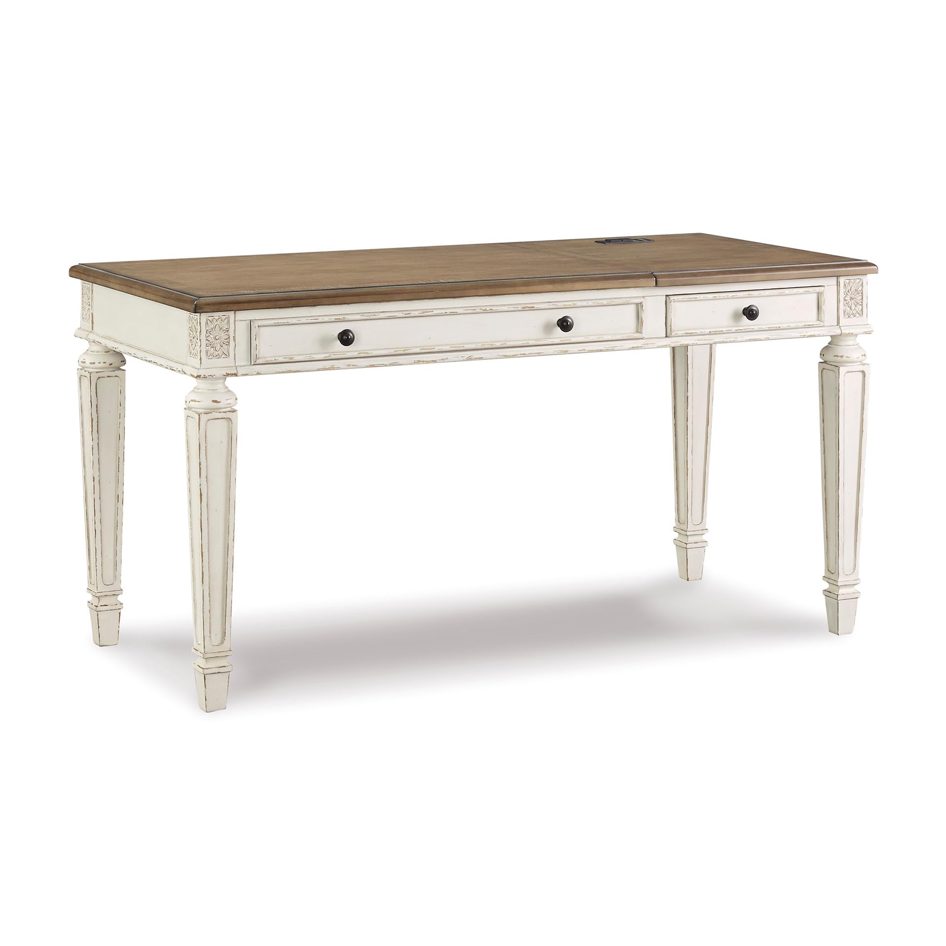 Realyn Home Office Lift Top Desk, USB Charging, Spring Lift Top, Smooth-gliding Drawer, 60" W x 28" D x 31" H, Chipped White and Brown