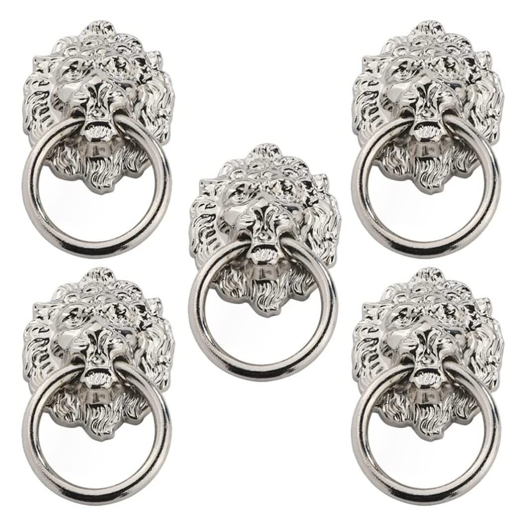 EdirFtra Lion Head Door Knocker, 5pcs Front Door Knocker, 90x53mm Silver Zinc Alloy Pull Lion Head Rings, Classical Antique Lion for Cabinet Drawer Door Barstools