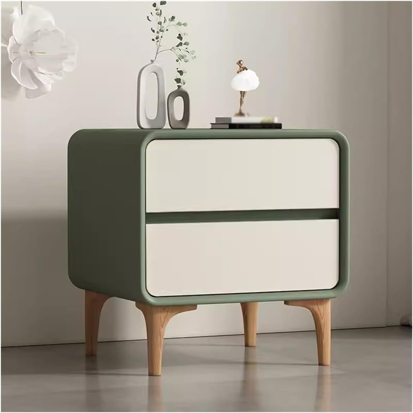 Wooden Nightstand Bedside Table with Large Capacity Storage Drawer Cream Style nizer for Bedroom Dark Green and Beige Color Home Furniture Cabinet for Bedside Area (Size: M)