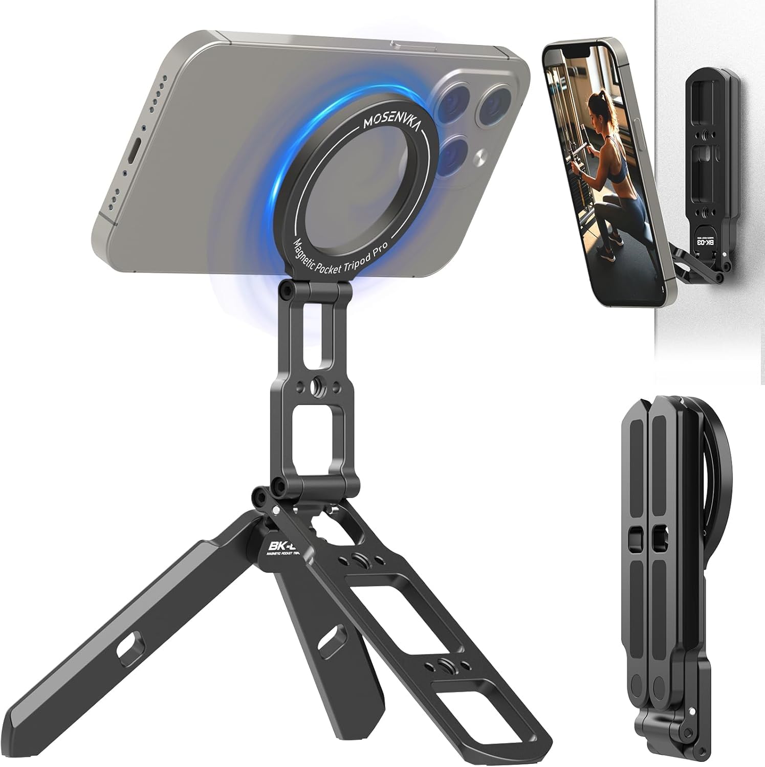 MOSENVKA スマホ三脚 ミニ三脚 スマホホルダー MagSafe用 磁気折りたたみ式 三脚マウント 超軽量 アルミ合金製 両面マグネット ダブルマグネットマウント 360度回転 スマホスタンド マグセーフ ポケットサイズスタンド 角度調整可能 横置き/縦置き 卓上三脚 1/4インチネジ穴&アーカベース付き セルフィー/生放送/撮影録画/動画鑑賞に最適 旅行・ジム用 磁気三脚 (BK03)