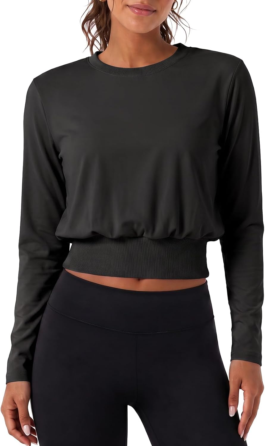 Fisoew Womens Long Sleeve Workout Shirts Cropped Banded Bottom Active Tops