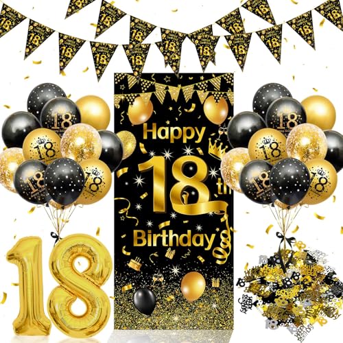 18 Geburtstag Deko,Rainllon 18. Geburtstag Junge Mädchen,Konfetti Deko 18.Geburtstags Deko Luftballons Schwarz Gold,Geburtstagsdeko 18 Lange Banner,Deko 18 Geburtstags Mädchen Junge
