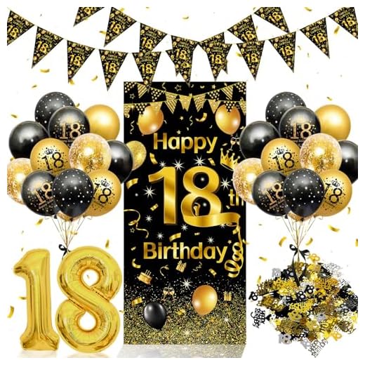 18 Geburtstag Deko,Rainllon 18. Geburtstag Junge Mädchen,Konfetti Deko 18.Geburtstags Deko Luftballons Schwarz Gold,Geburtstagsdeko 18 Lange Banner,Deko 18 Geburtstags Mädchen Junge