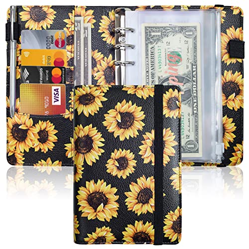 Image of A6 Budget Binder for Money Saving, PU Leather Budget Planner with 8 Cash Envelopes, Budget Sheets & Rose Gold Category Stickers, Money Organizer for Cash (Black Sunflower)