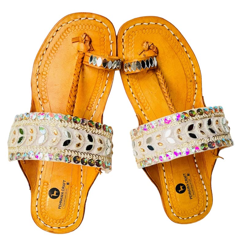 Lucknowi Kolhapuri ethnic flats for Women | Leather fancy kollapur chappal | Stylish ladies bridal sandal | Best Traditional kolapuri footwear | kohlapuri for girl | White Color-image-31