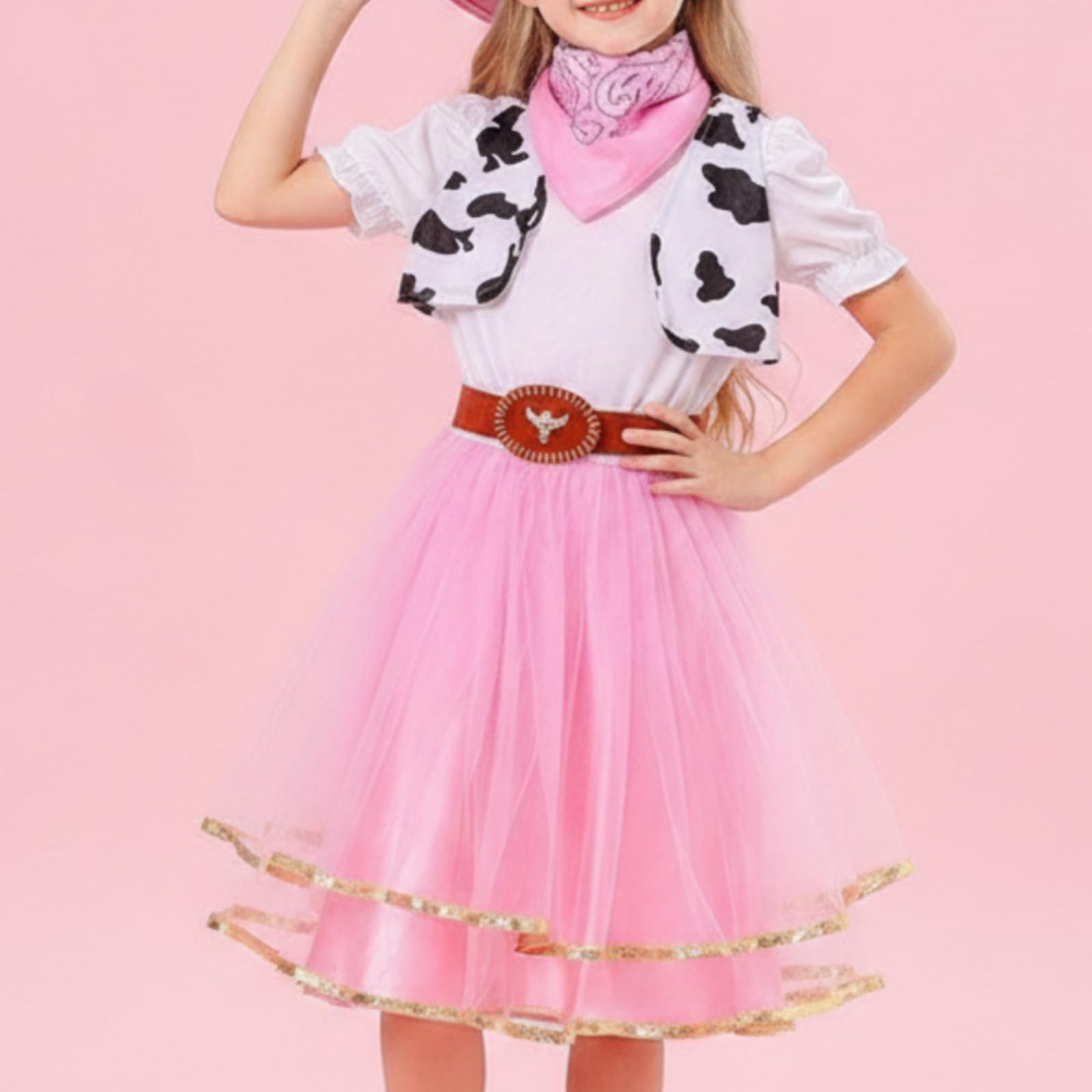 TISHITA Children Costume Dress Abito Costume Bambina Vestito Western Cappello Cintura Fazzoletto Tulle a Strati Corpino Sagomato Svasato Morbido Traspirante