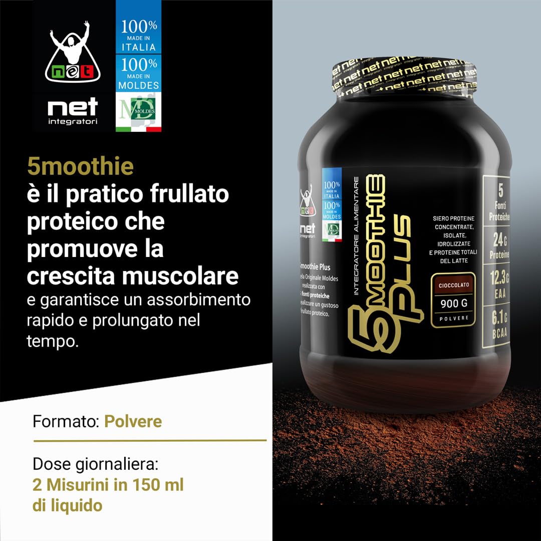 Net Integratori 5MOOTHIE PLUS - 900g Cioccolato - Spuntino Proteico Veloce - Proteine Isolate, Concentrate, Idrolizzate e Proteine Totali Del Latte Con Aminoacidi EAA E BCAA