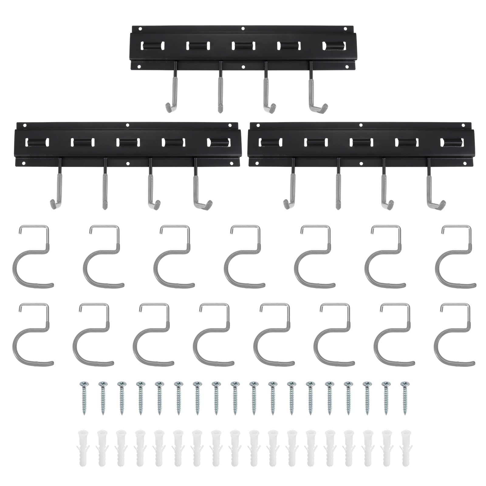 QUARKZMAN Portaherramientas de Jardín Kit, Soporte Metálico de Pared Empalmable con Ganchos Gris para Herramientas Colgador para Escobas Fregonas Sótano Garaje, 123cm Largo Total