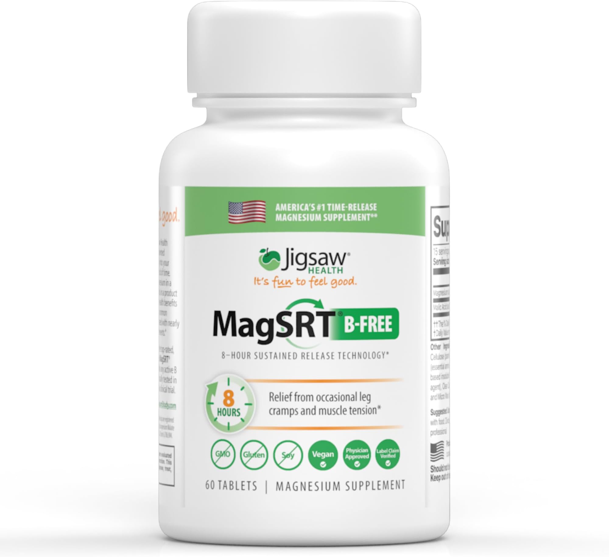 MagSRT (B-Free) | Premium, Organic, Slow Release Magnesium Supplement | Active, Bioavailable Magnesium Malate Tablets | 60 Tablets | 15 Servings