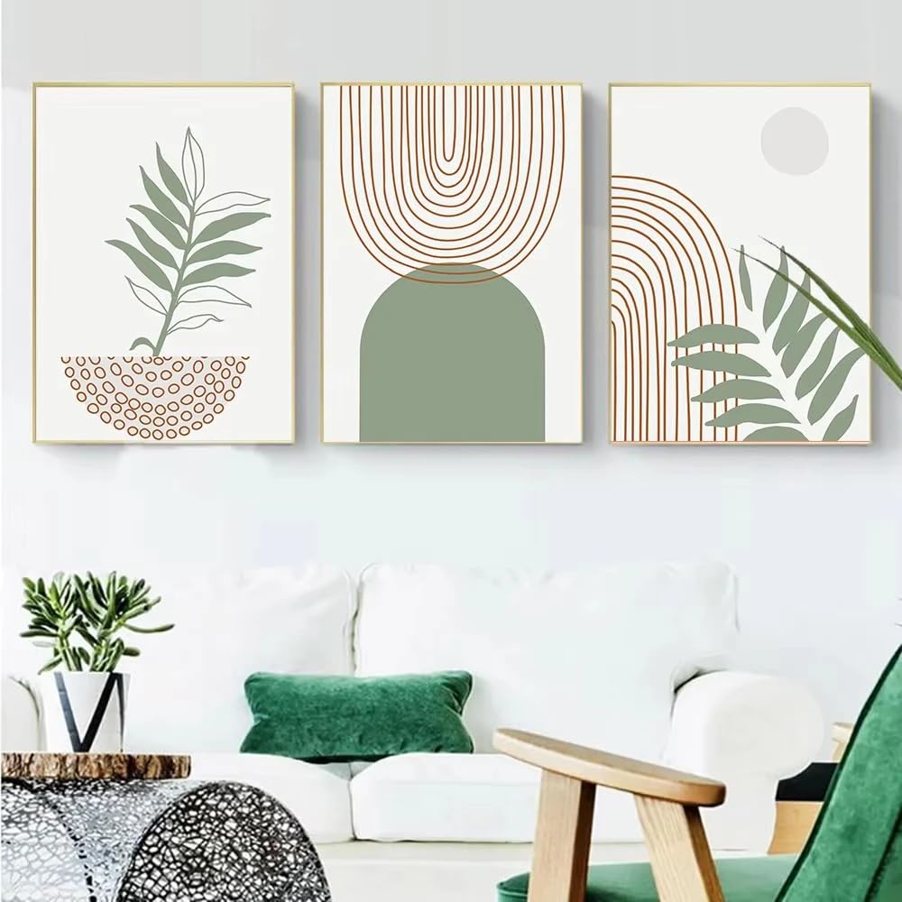 WBYZAC Wall Pictures-Abstract Rainbow Arch Poster Boho Green Lines Canvas Painting Natural Leaves Art Print Nordic Wall Picture Living Room Kitchen Decor-40 * 50cm*3PCS (No Frame)