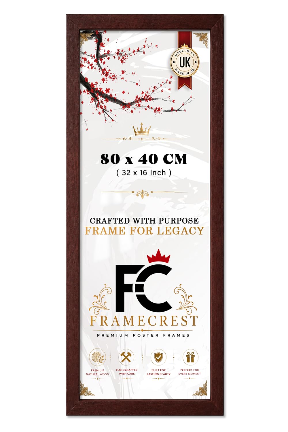 FRAMECREST LTD Contemporary 80 X 40 CM Poster Frame For Wall — Panoramic Picture Frame With Clear Styrene Sheet, Wall Mounted Display Holds Prints And Photographs, Living Room - [Mahogany]