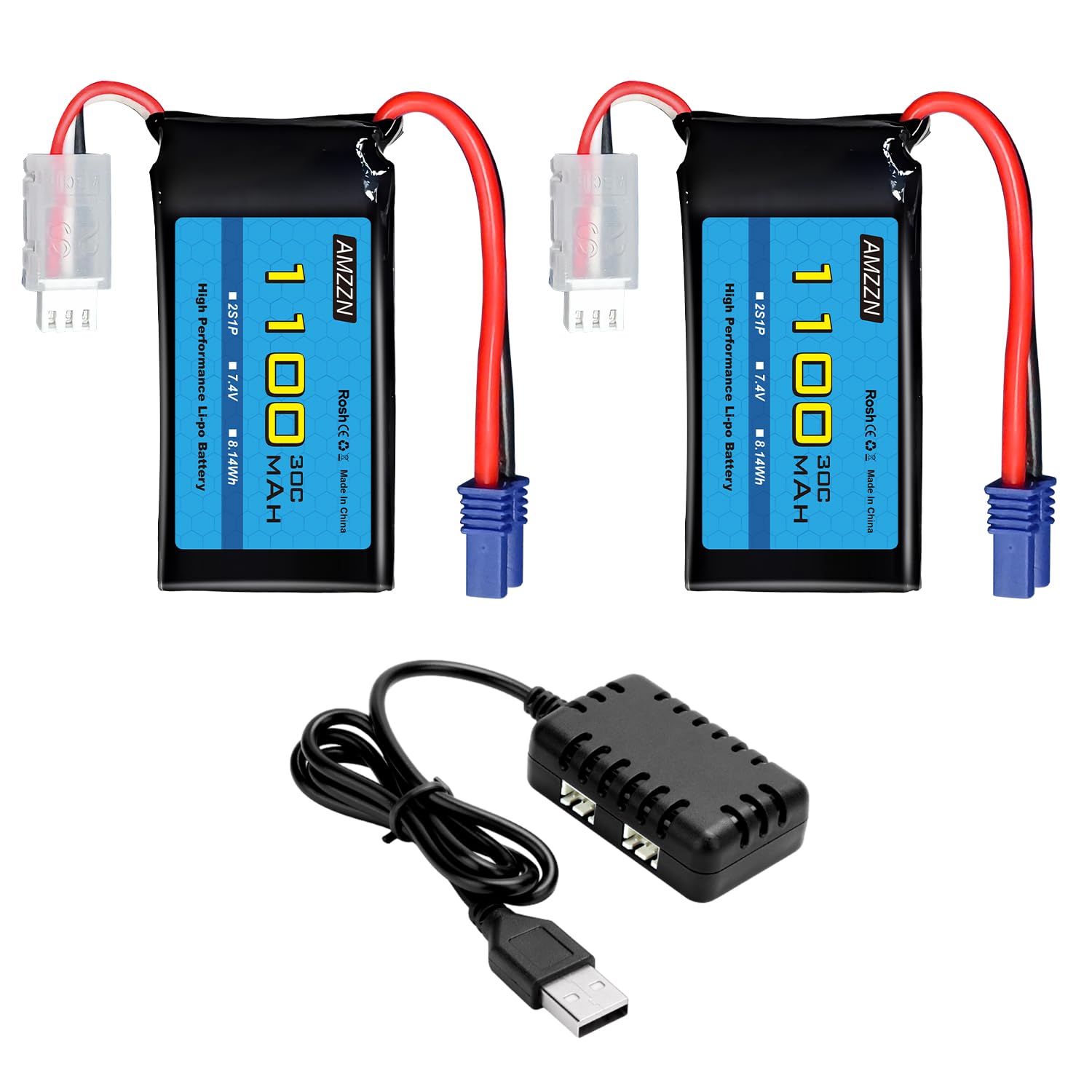 2 Stück 7,4V 1100mAh 2S Lipo Akku EC2 Stecker mit Ladegerät 2-in-1 geeignet für UTB18 RC Fahrzeuge, Ersatzbatterie für Geländefahrzeuge mit Allradantrieb, Hochleistungsbatterie