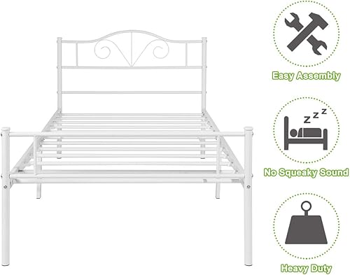 Miniatura 38 de Base de cama de metal resistente tamaño individual, base de colchón de acero, con revestimiento negro, cabecero retro para cama individual, no Negro